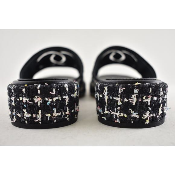 Chanel 20P Black White Tweed Mesh CC Logo Slide Slip Sandal Mule Heel Flat 36.5 - Picture 13 of 14